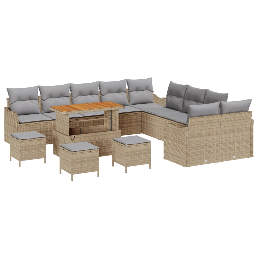 Set Divano da Giardino  da 14 Pezzi con Cuscini Beige Polirattan Acacia