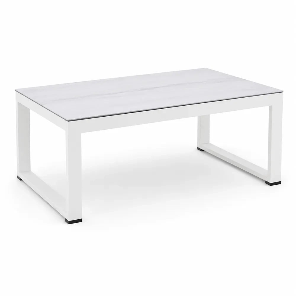 Salottino 2 posti LEROS in alluminio colore bianco tessuto grigio chiaro per spazi aperti con cuscineria sfoderabile.