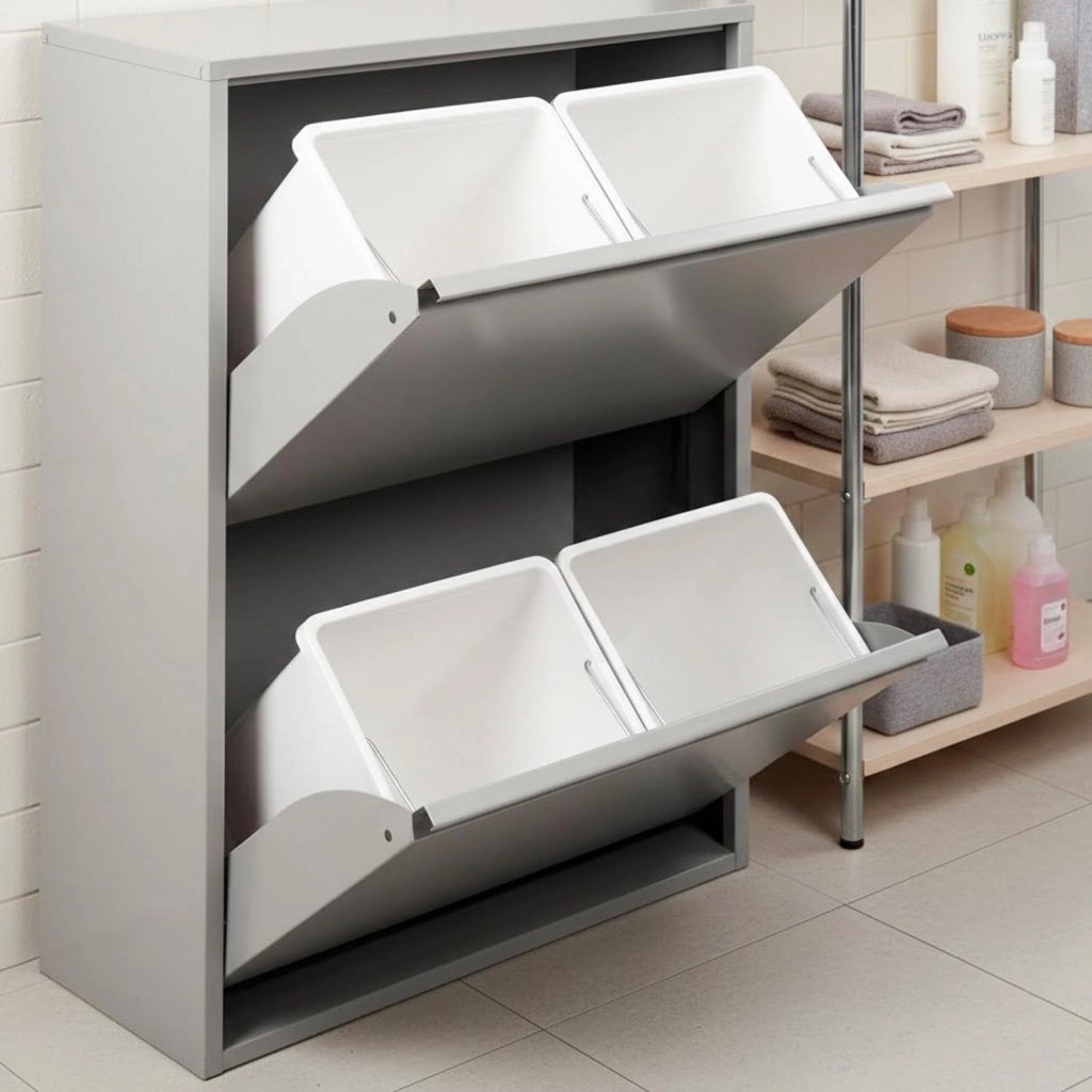 Pattumiera Raccolta Differenziata In Metallo Con 4 Cestini Estraibili E 2 Ante A Ribalta Bidone Cestino Salvaspazio Per Cucina Balcone Lavanderia Moderna 60 x 25 x 92.5 Cm Grigio