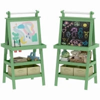 Lavagna per Bambini con Cavalletto 3 in 1, Rotolo di Carta e 2 Contenitori, in Legno, 59x48x118 cm, Verde