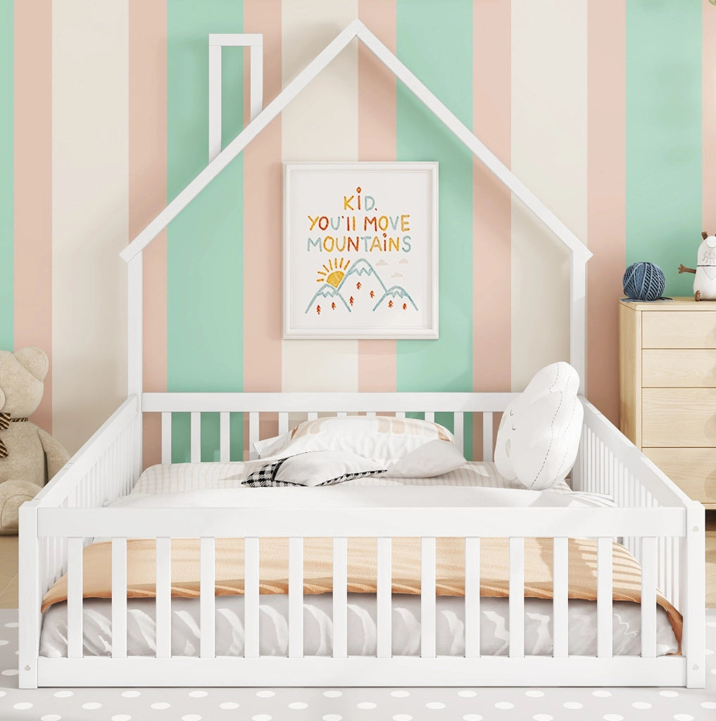 Letto per bambini 140x200 cm con camino e protezione, bianco