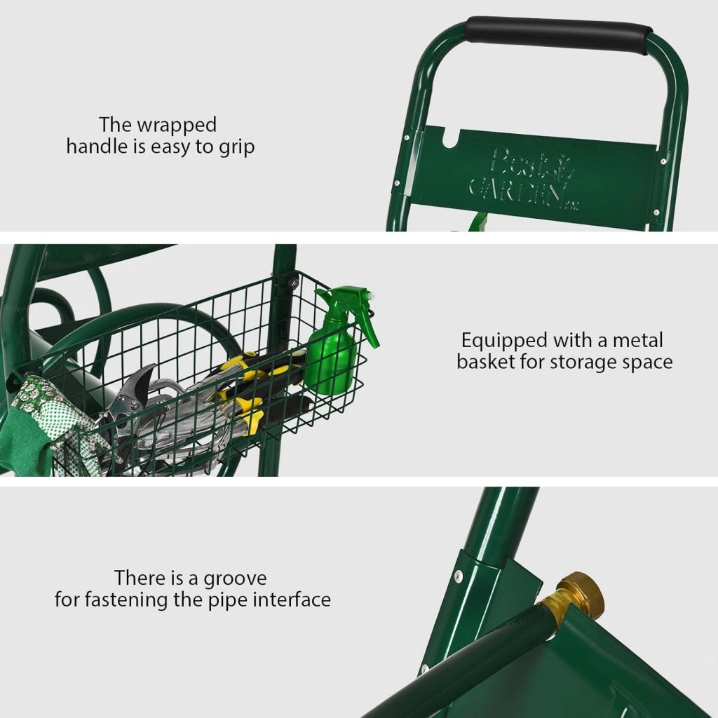 Carrello Avvolgitubo da Giardino, Avvolgitubo in Metallo con Cestino e 4 Ruote Pneumatiche, per Tubi da 5/8", Fino 80 Metri, 95 x 62 x 113 cm, Verde