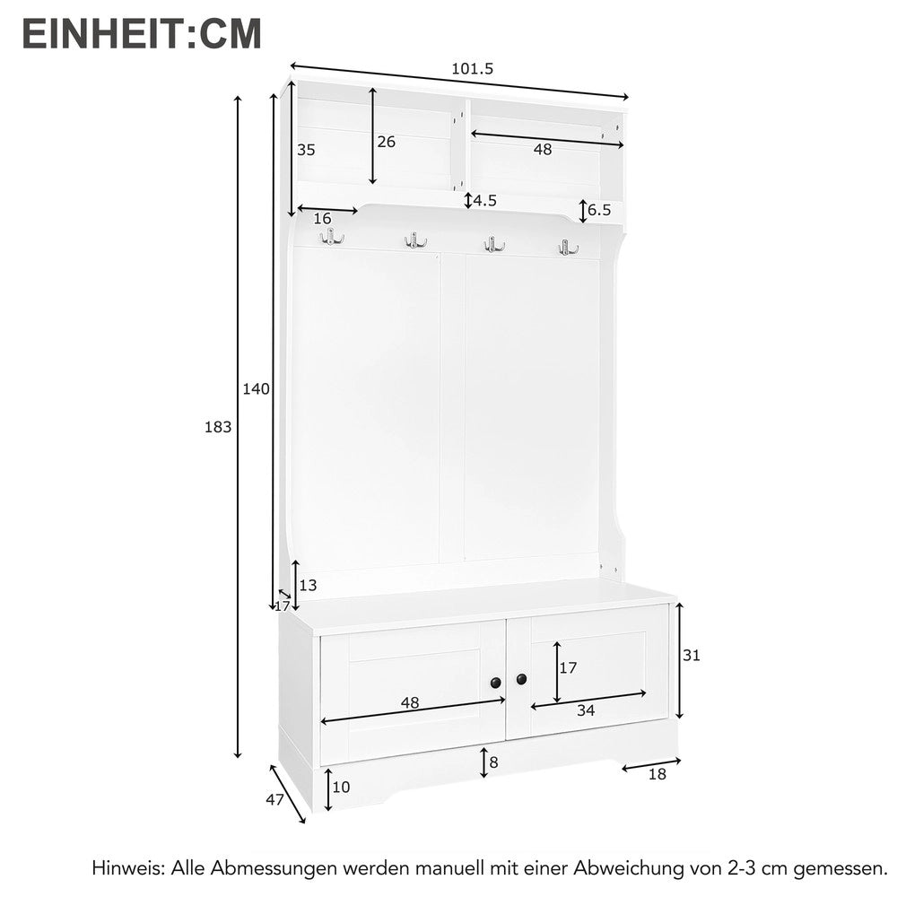 Scarpiera Panca con Appendiabiti ¨C MINIMAL ¨C Bianco, 4 Ganci, 2 Ripiani, Ingresso