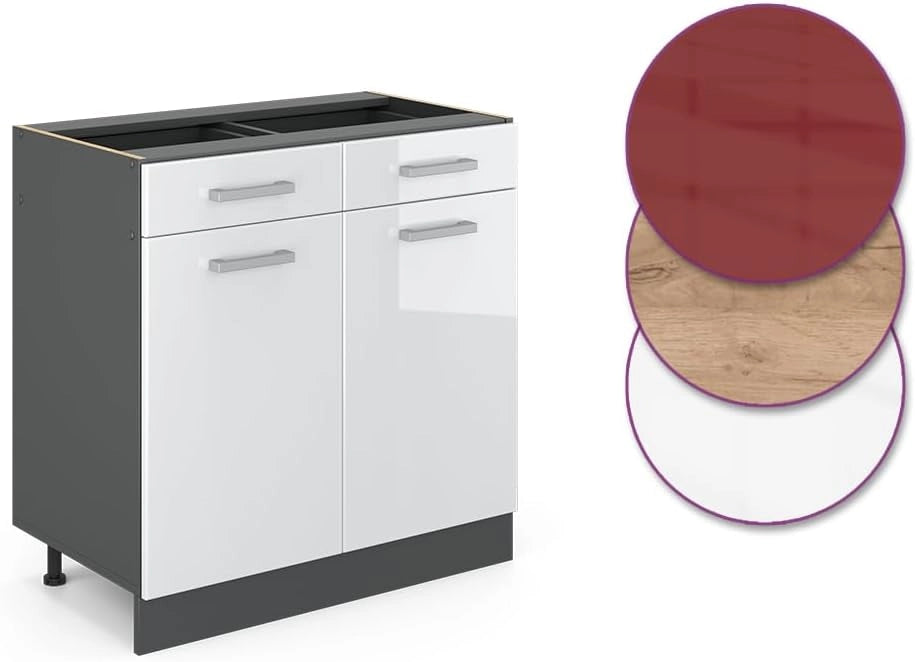 Mobiletto base per cucina R-Line, Bianco lucido, 80 cm senza piano di lavoro, per la libera combinazione all'interno di sistemi cucina modulari