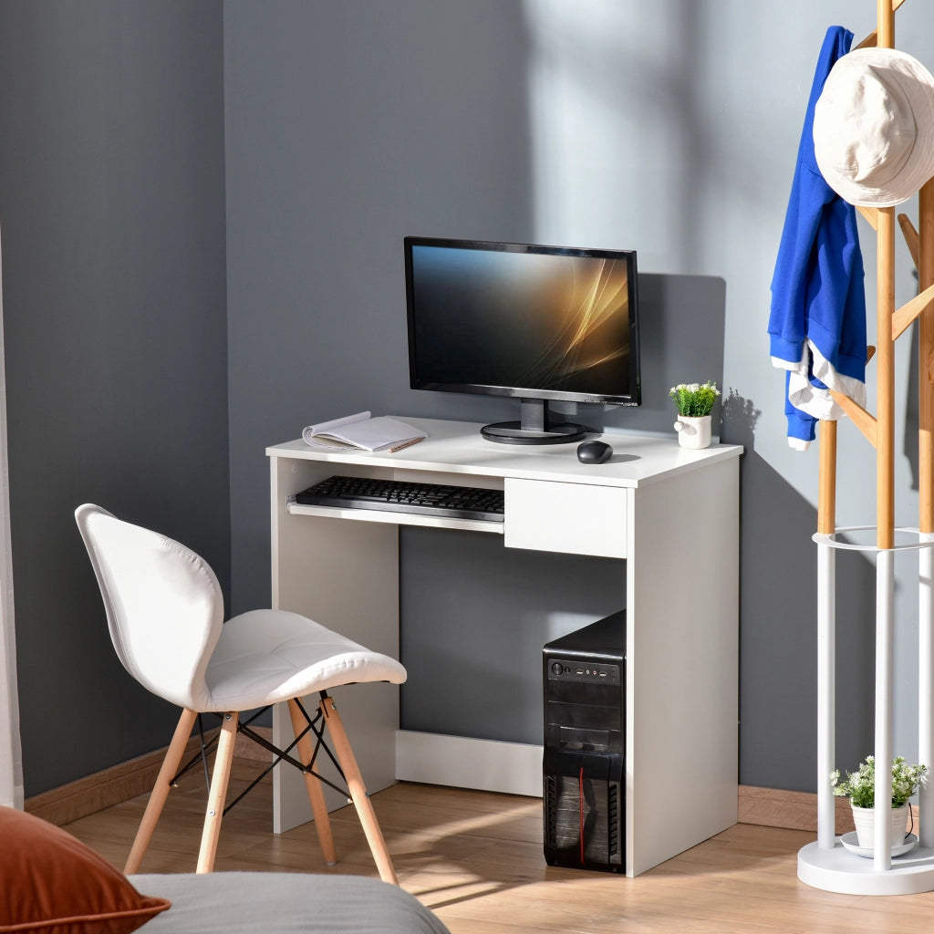 Scrivania per Computer e Ufficio Salvaspazio 80x45x75 cm con Ripiano Tastiera e Cassetto Bianco Moderno per Studio e Casa