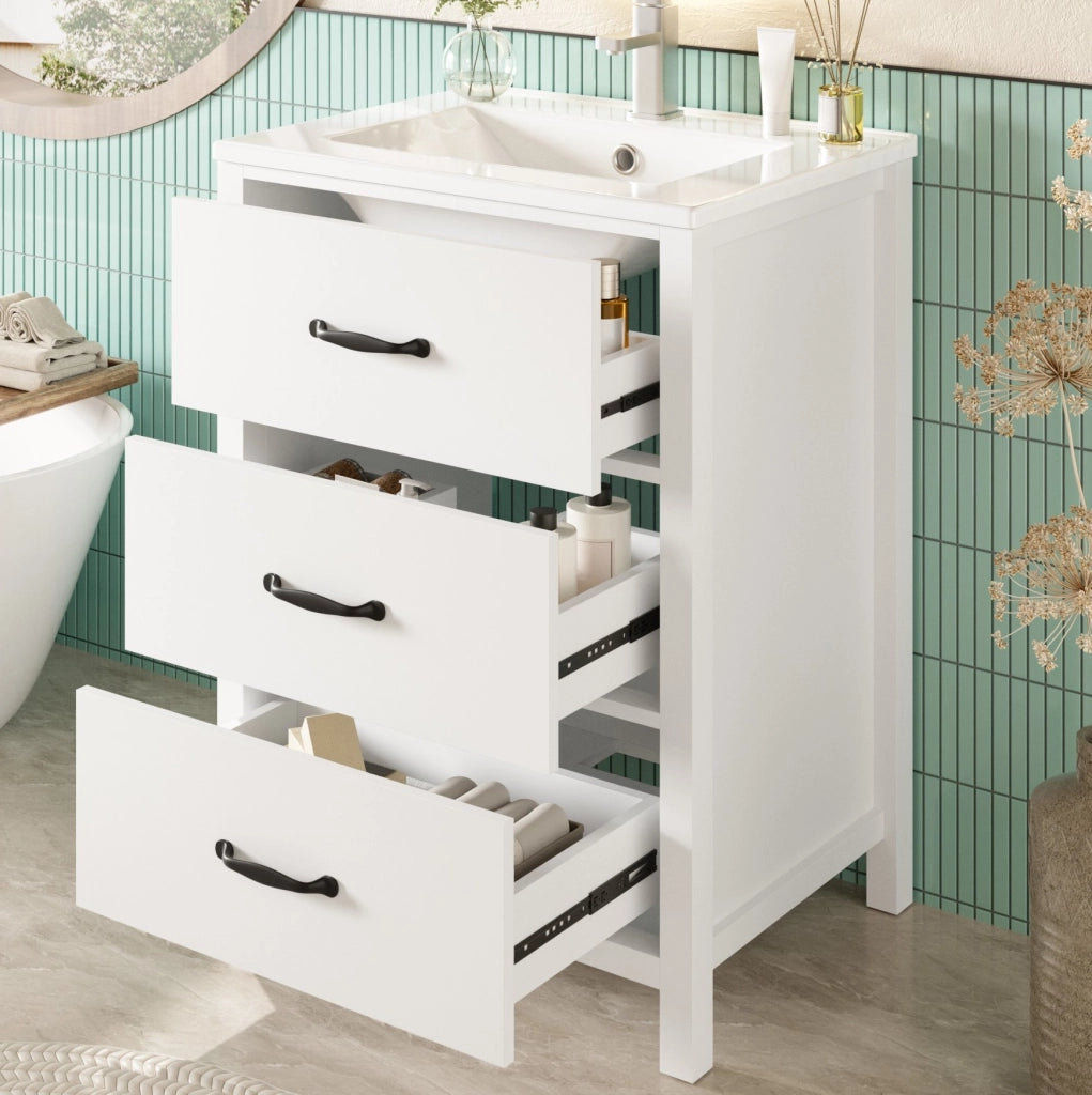 Mobile bagno ULEVR 61x47x83 cm con lavabo in ceramica e 3 cassetti, bianco