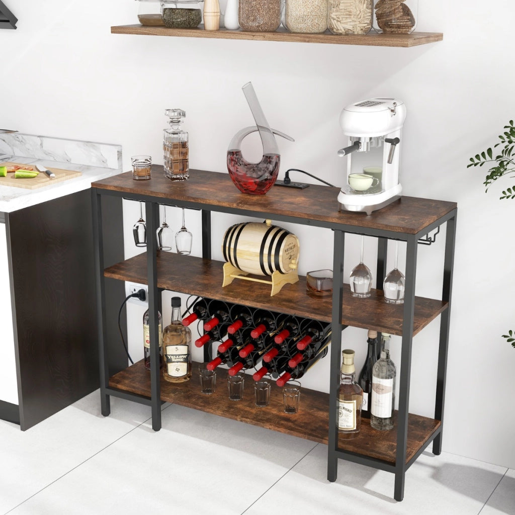 Mobile bar vino con 3 ripiani porta calici porte USB e prese struttura in metallo-Portabottiglie industriale Marrone
