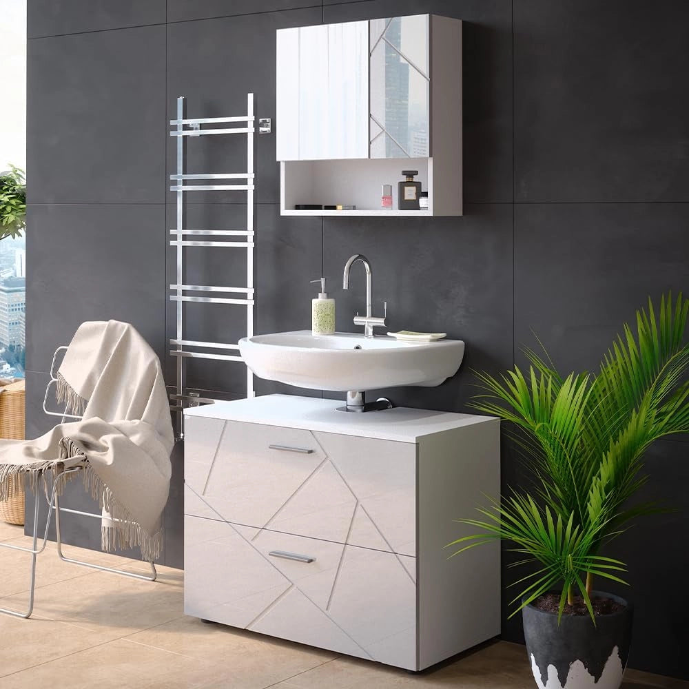 Set mobili bagno Irma, Bianco lucido, 80 cm, composto da specchio da bagno e mobile sottolavabo