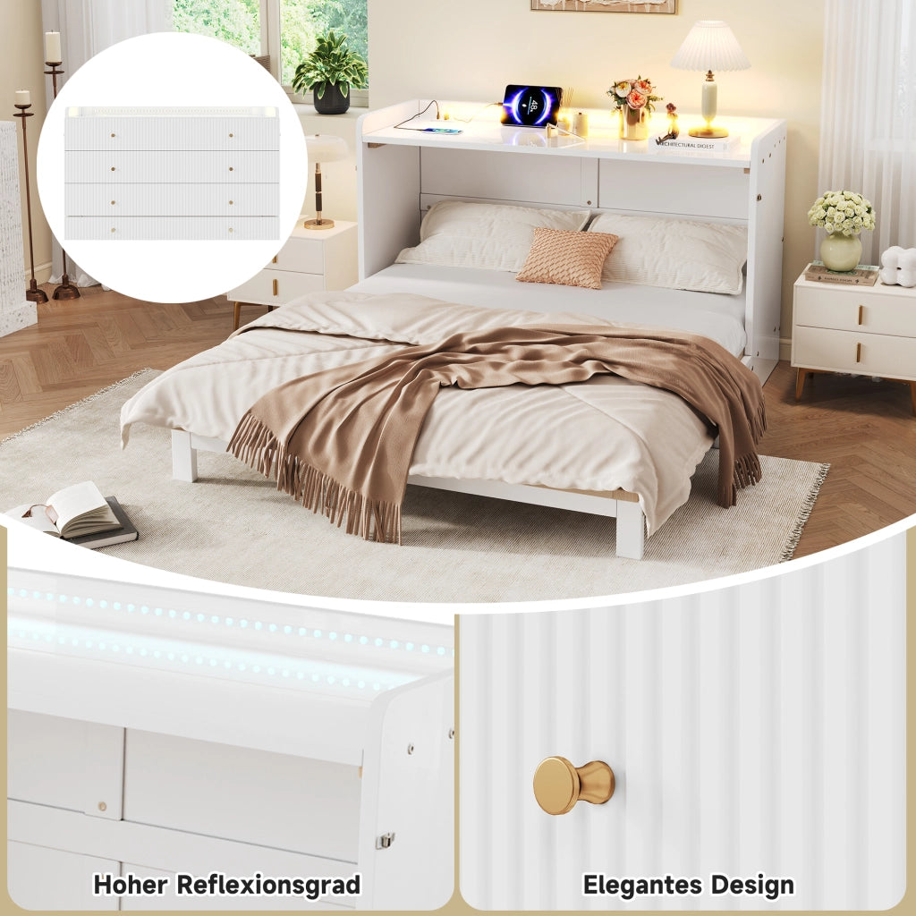 Letto a scomparsa 140 × 200 cm con cassetti, USB, presa e striscia LED, senza materasso, bianco lucido