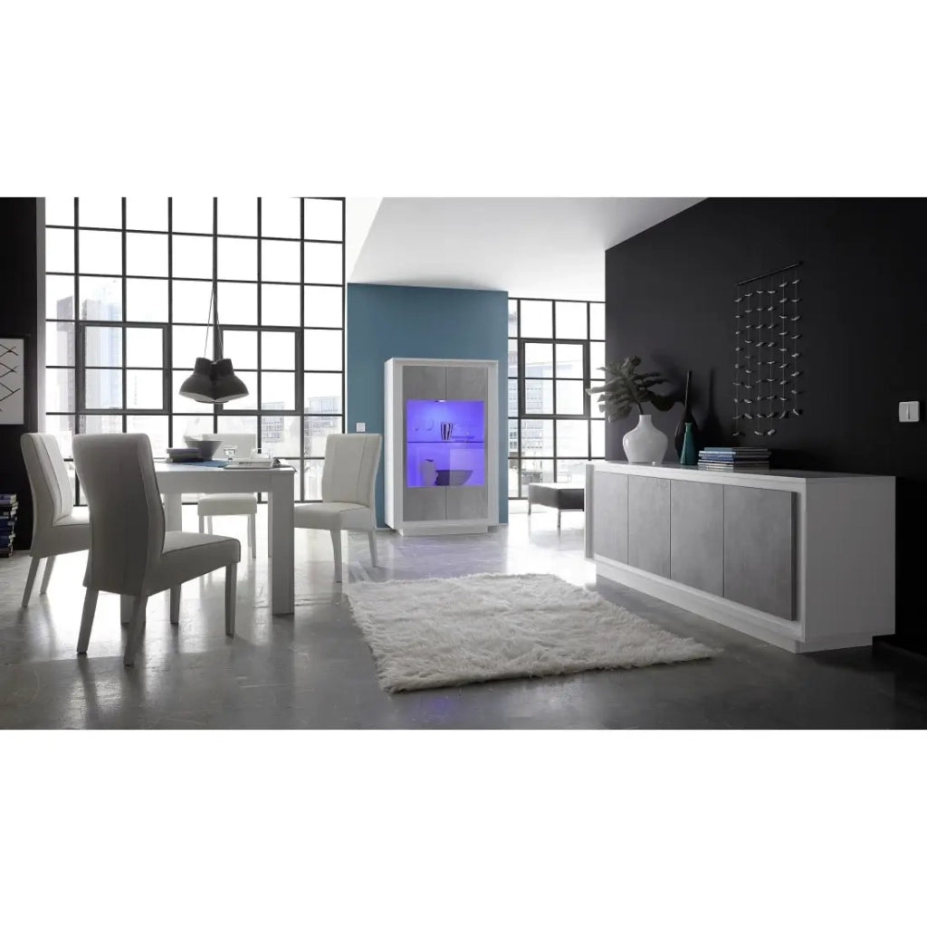 Vetrina 2 porte, collezione FALL, colore bianco opaco laccato e grigio effetto cemento