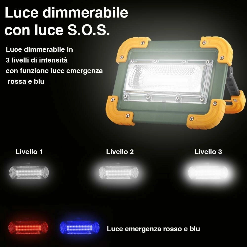 Trade Shop - Lampada Faro Lavoro Portatile Torcia 20w 2000 Lm A Batteria Litio Luce Emergenza -