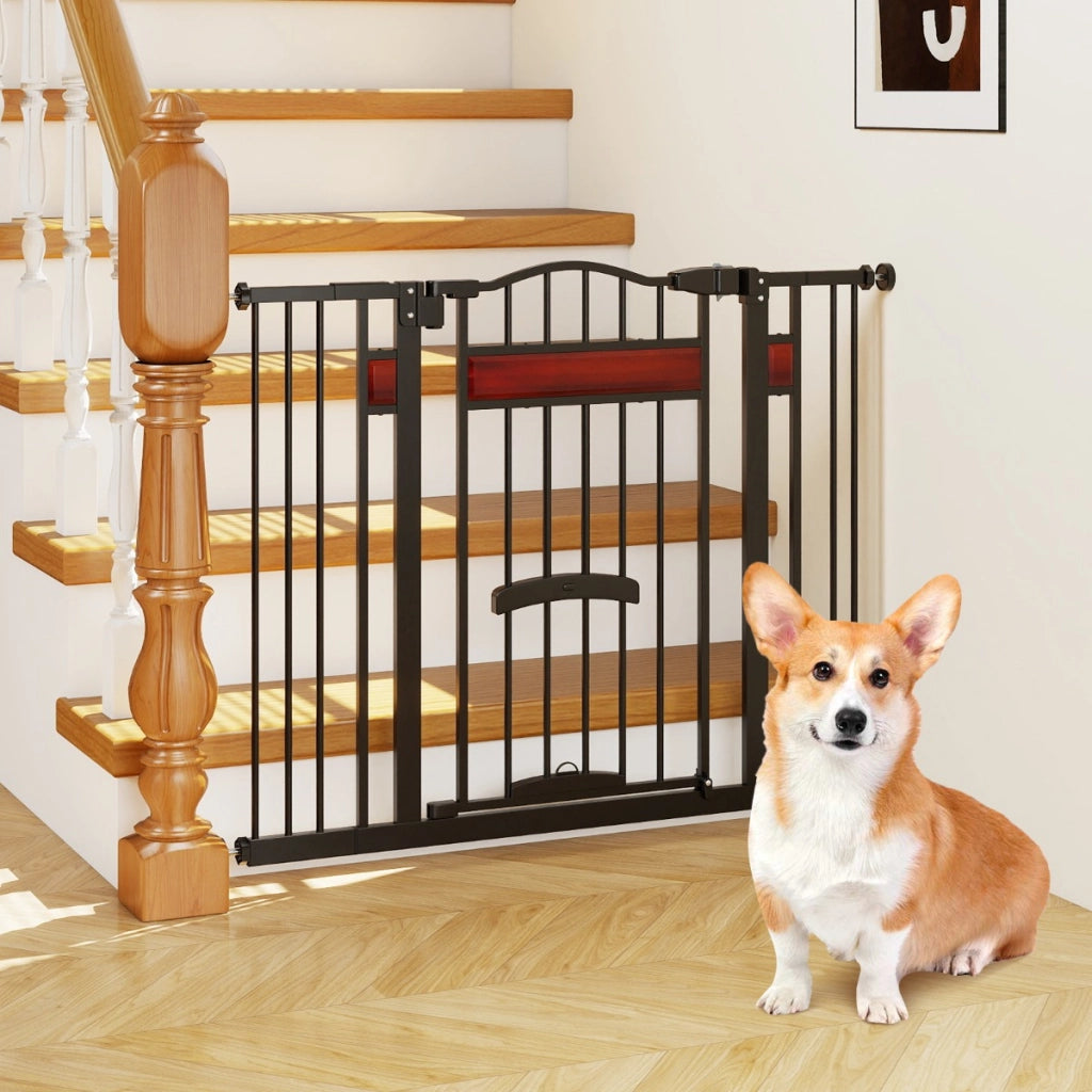 Cancello per animali per aperture da 74 a 104 cm con 2 prolunghe, Cancello per animali installazione senza fori Nero-Cancelli
