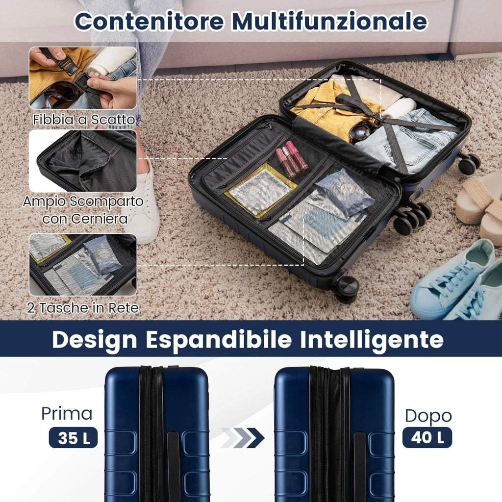 Valigia Bagaglio a Mano 20" con Tasca Frontale, Porta USB, Trolley Bagaglio a Mano con Serratura, Ruote Girevoli, Manico Regolabile (Senza Beauty + Blu Scuro)