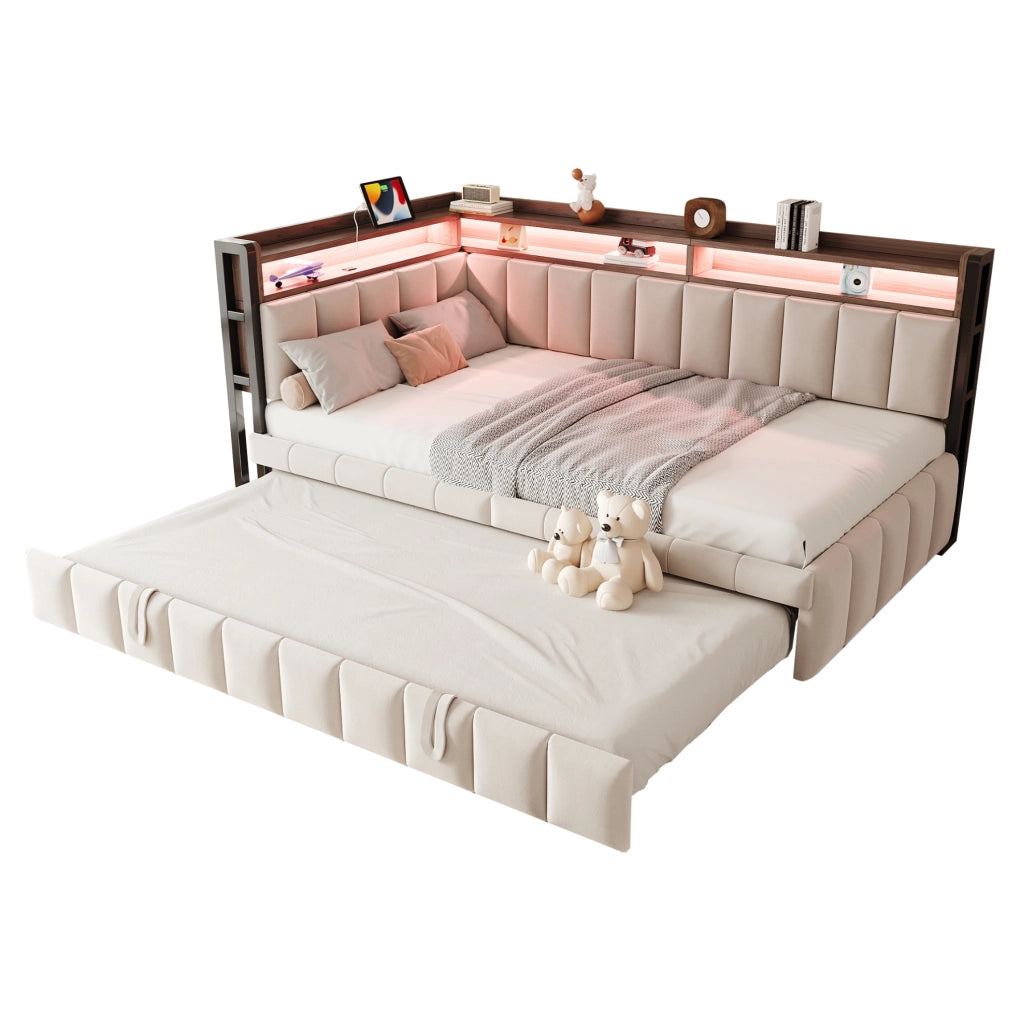 Divano letto angolare estraibile 90x200 cm in velluto beige con LED; USB e Type-C