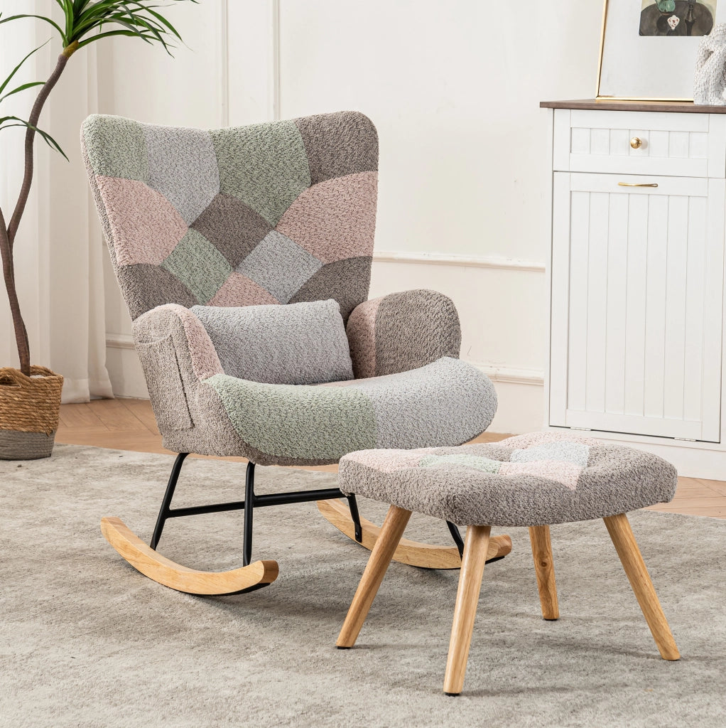 Sedia a dondolo multicolore con poggiapiedi e cuscino lombare, altezza 93 cm