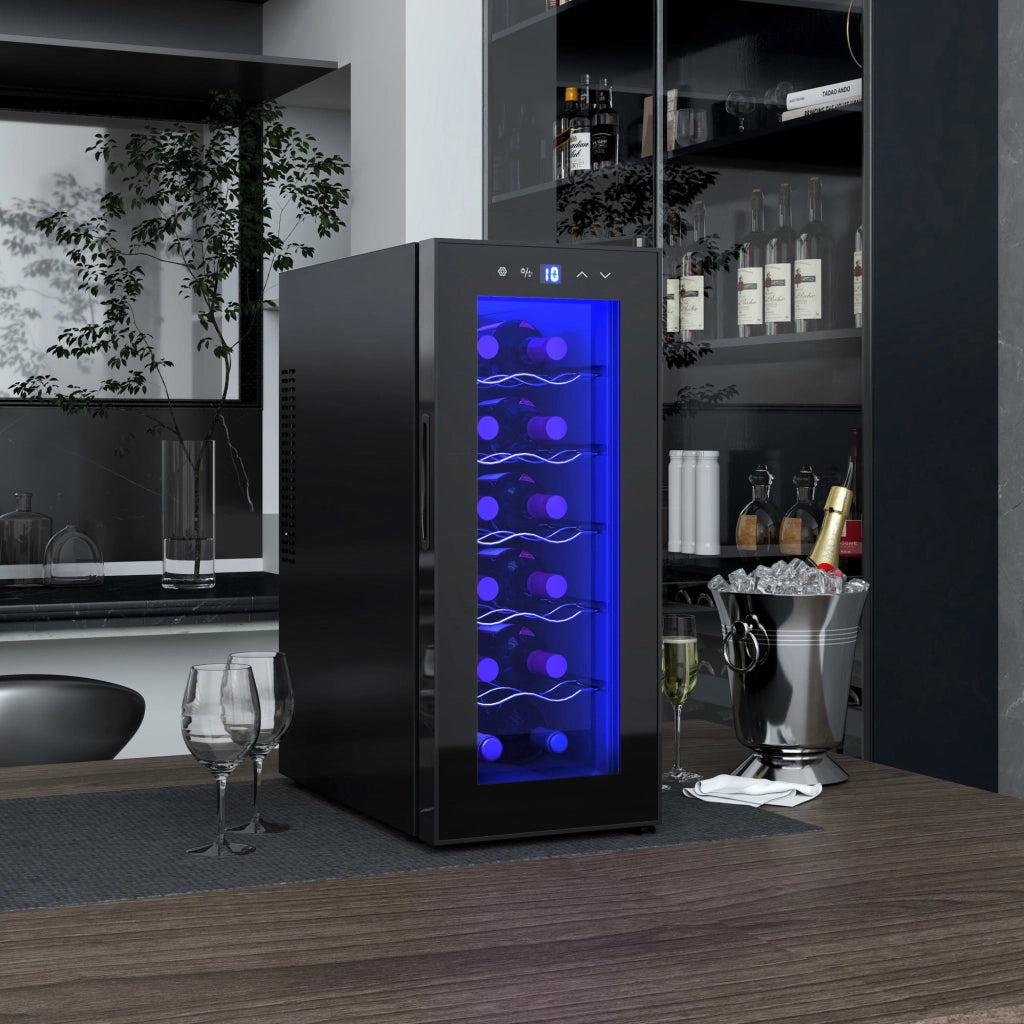 Cantinetta Vino Refrigerata per 12 Bottiglie Doppio Controllo Temperatura Ripiani Regolabili e Luci Nero