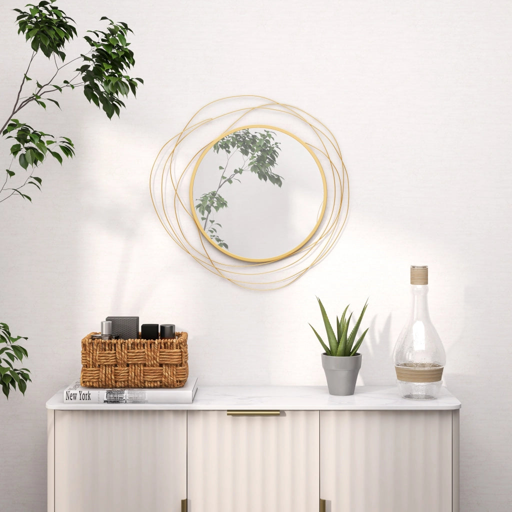 Specchio Moderno e Rotondo Decorativo a Muro con Ganci, in Vetro e Metallo, ?65x1 cm, Oro