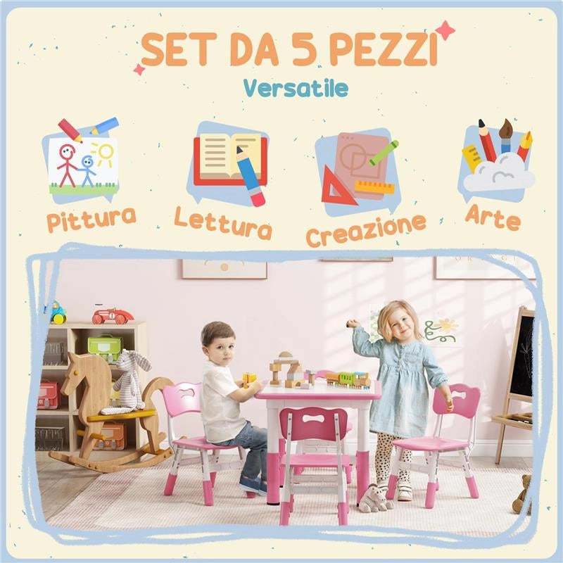 SET TAVOLO E SEDIE PER BAMBINI 5PZ CON 4 SEDIE REGOLABILI 32X36X52.5-56 CM E TAVOLO 60X60X46-58 CM, ROSA
