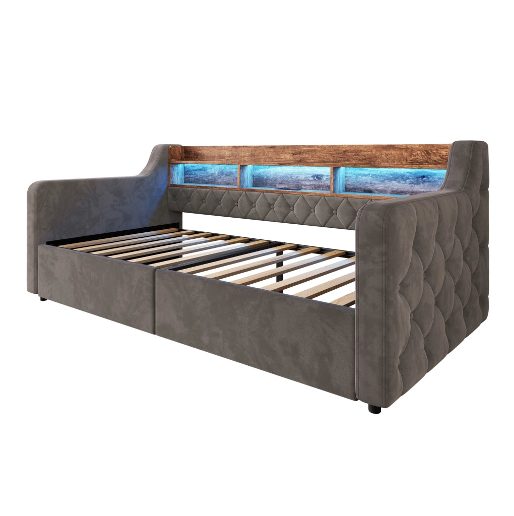 Letto singolo imbottito 90x190 cm con LED, ricarica e 2 cassetti