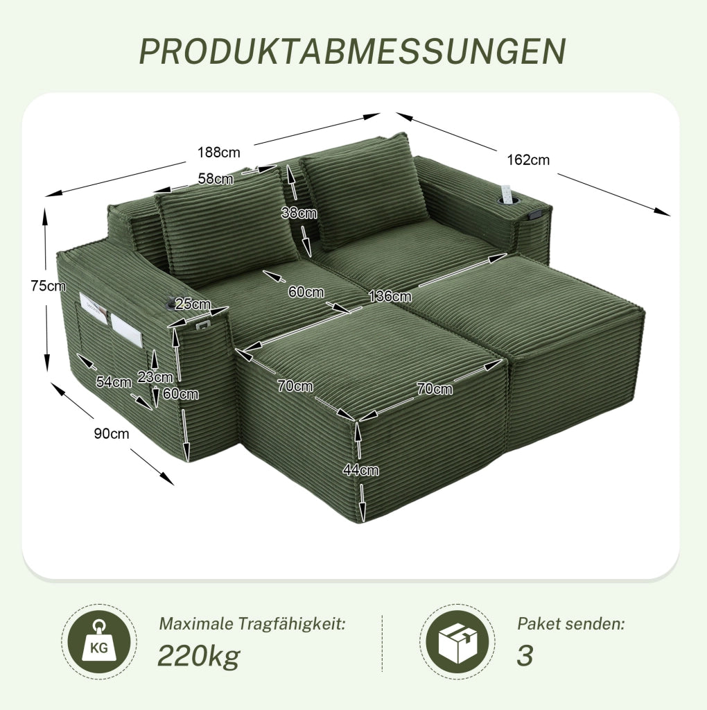 Divano modulare 2 posti con 2 pouf; portabevande e tasche in velluto a coste verde