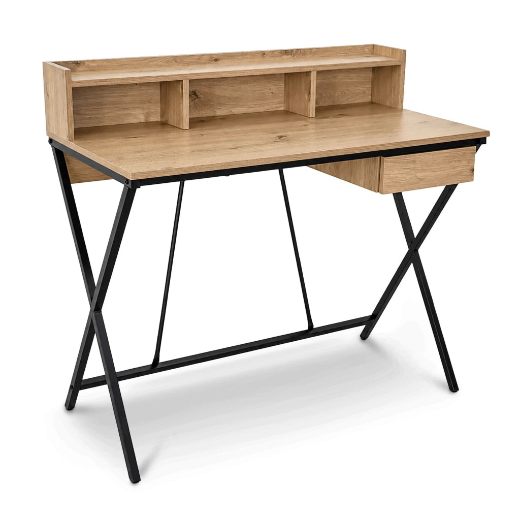 Scrivania PC industriale Rovere Artisan FLEXO 100 cm 1 cassetto 1 ripiano gambe nere