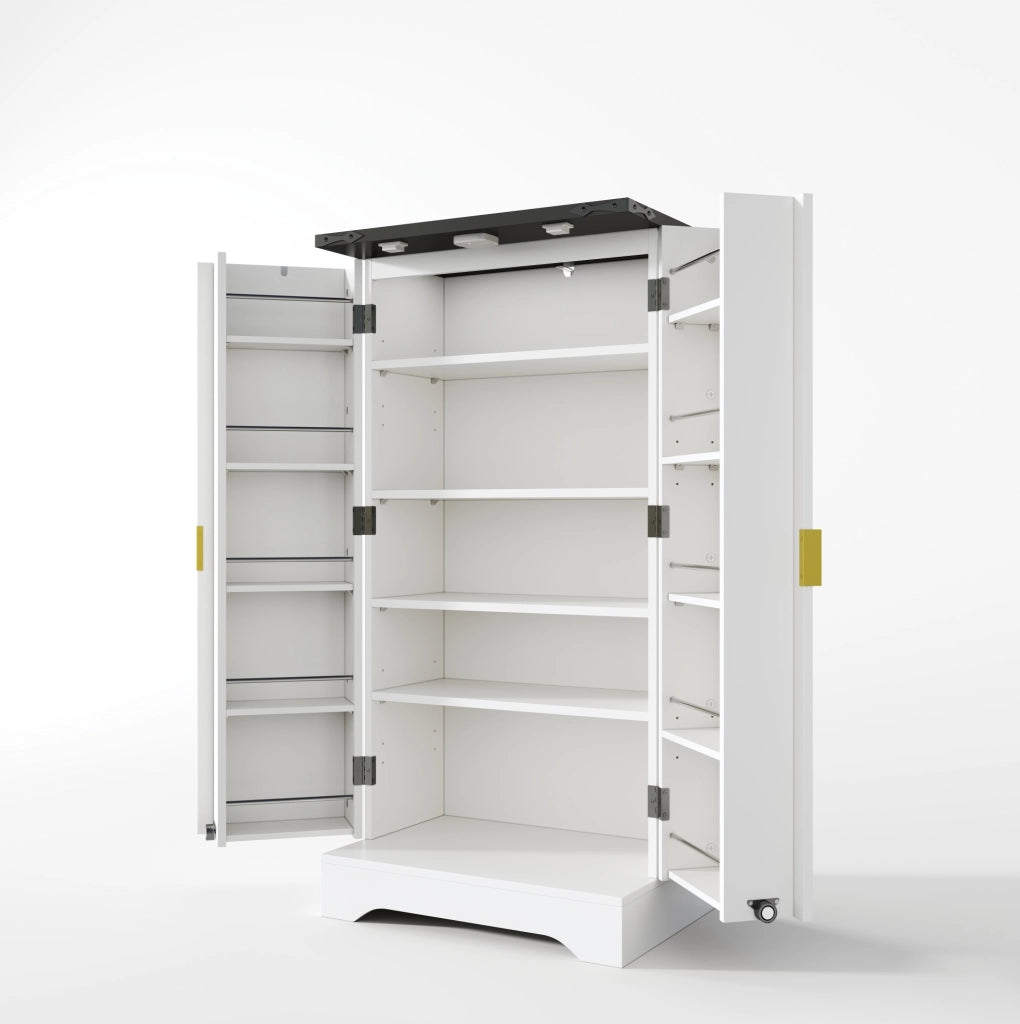 Credenza alta 120x60.5x40 cm con luce LED a sensore; ante scanalate in MDF bianco