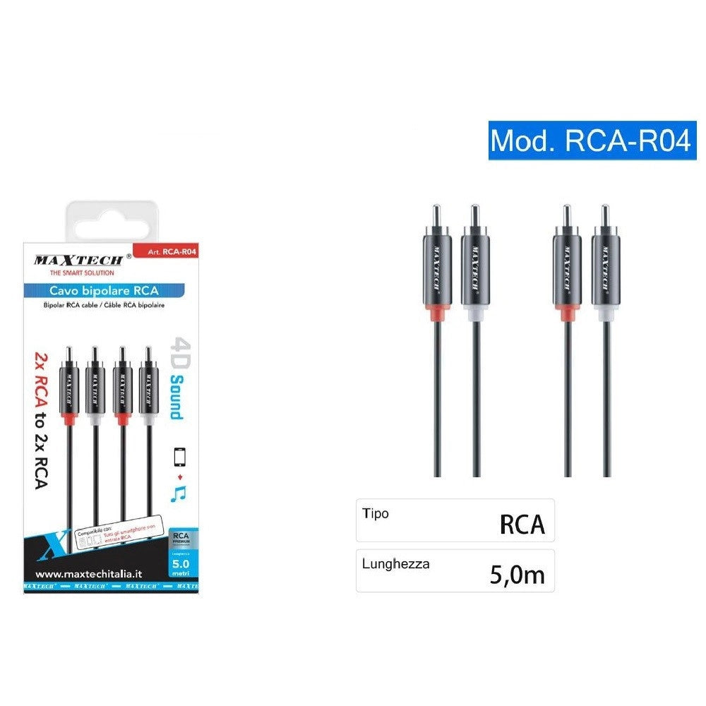 Trade Shop - Cavo Bipolare Rca Audio Video Stereo 2 X Rca Maschio / Maschio 5 Metri Rca-r04 -