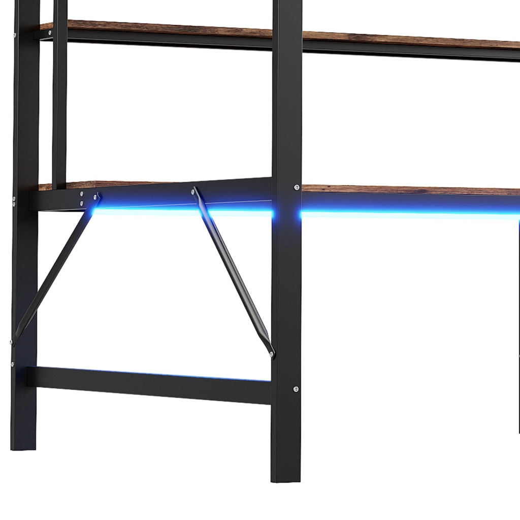 Letto a Soppalco Letto Matrimoniale con USB; Presa; LED; Scrivania e Scaffali 140×200 cm; senza Materasso