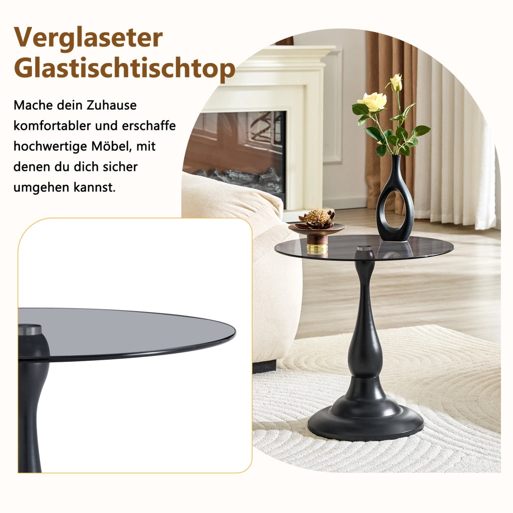 Tavolino basso in vetro temperato con base in metallo rotondo per soggiorno e camera da letto nero 53,5 × 53,5 × 21 cm