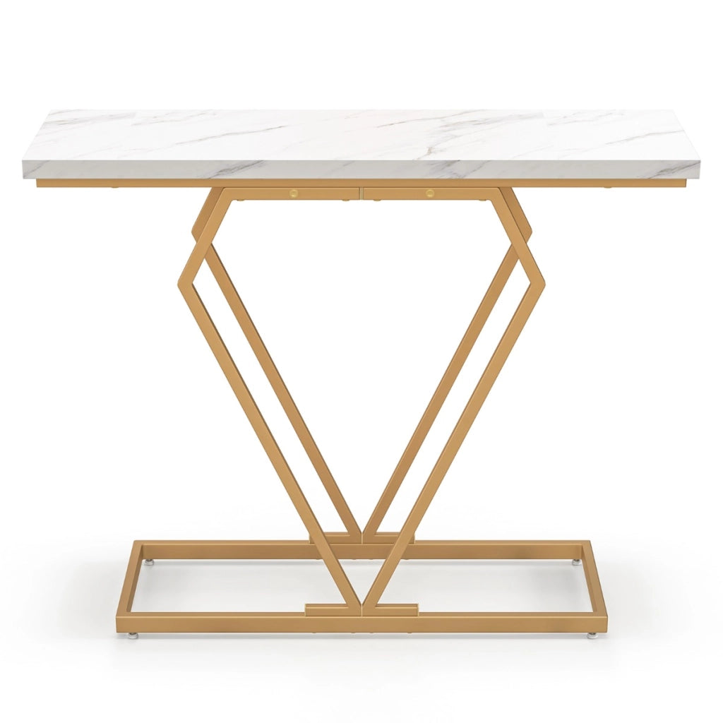 Consolle oro in finto marmo con telaio geometrico a forma di diamante, Tavolo stretto da ingresso da 100cm Bianco-Consolle
