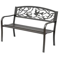 Panchina da giardino Impermeabile Acciaio e Ghisa per Esterni, Schienale con Decorazioni Motivo Naturale, 127x60cm, Marrone
