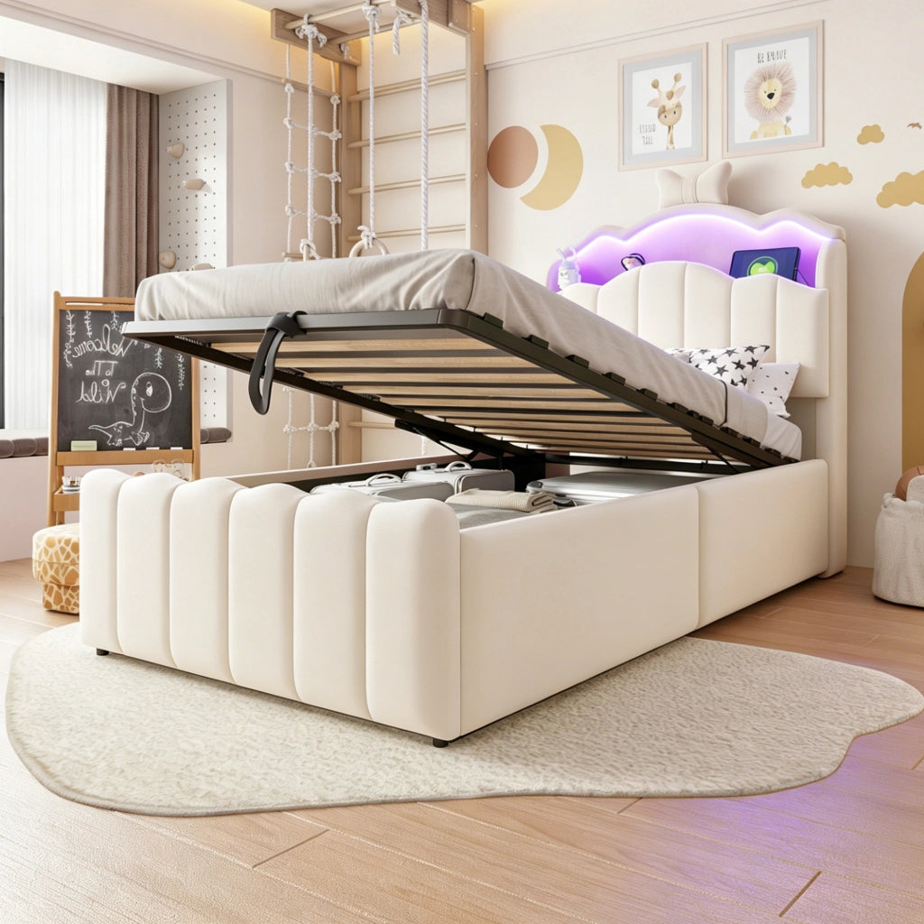 Letto per bambini 90 × 200 cm con contenitore idraulico, LED a colori, USB e USB-C, senza materasso, beige