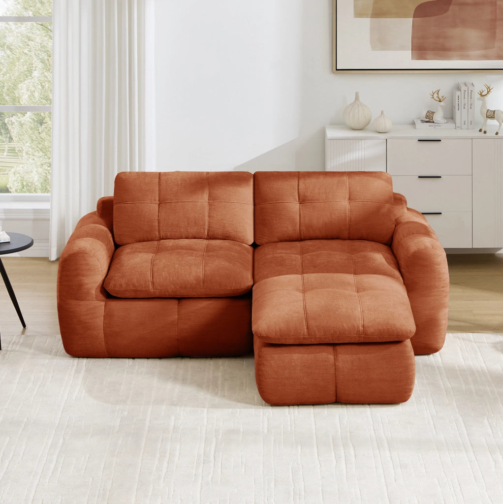 Divano modulare angolare 2 posti con pouf 194x160x68 cm in chenille arancione