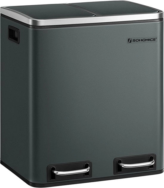 Contenitore per Rifiuti - Separatore Rifiuti 30L - separatore rifiuti - contenitore per rifiuti metallico - pedana con contenitori interni e maniglie - sistema di separazione rifiuti - 2 x 15 litri - chiusura soft - ermetico - verde smeraldo