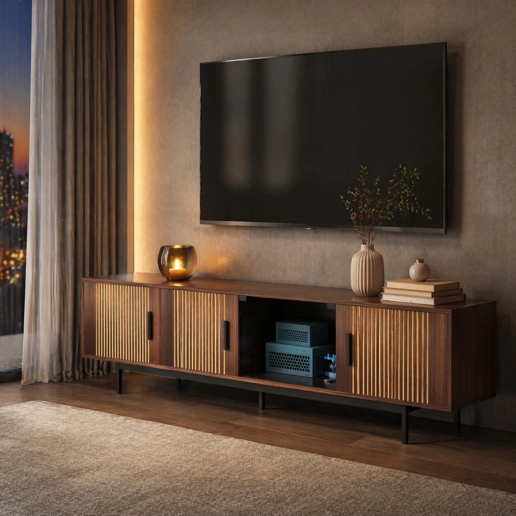 Mobile TV moderno 200 cm con LED smart Bluetooth, finitura noce e nero