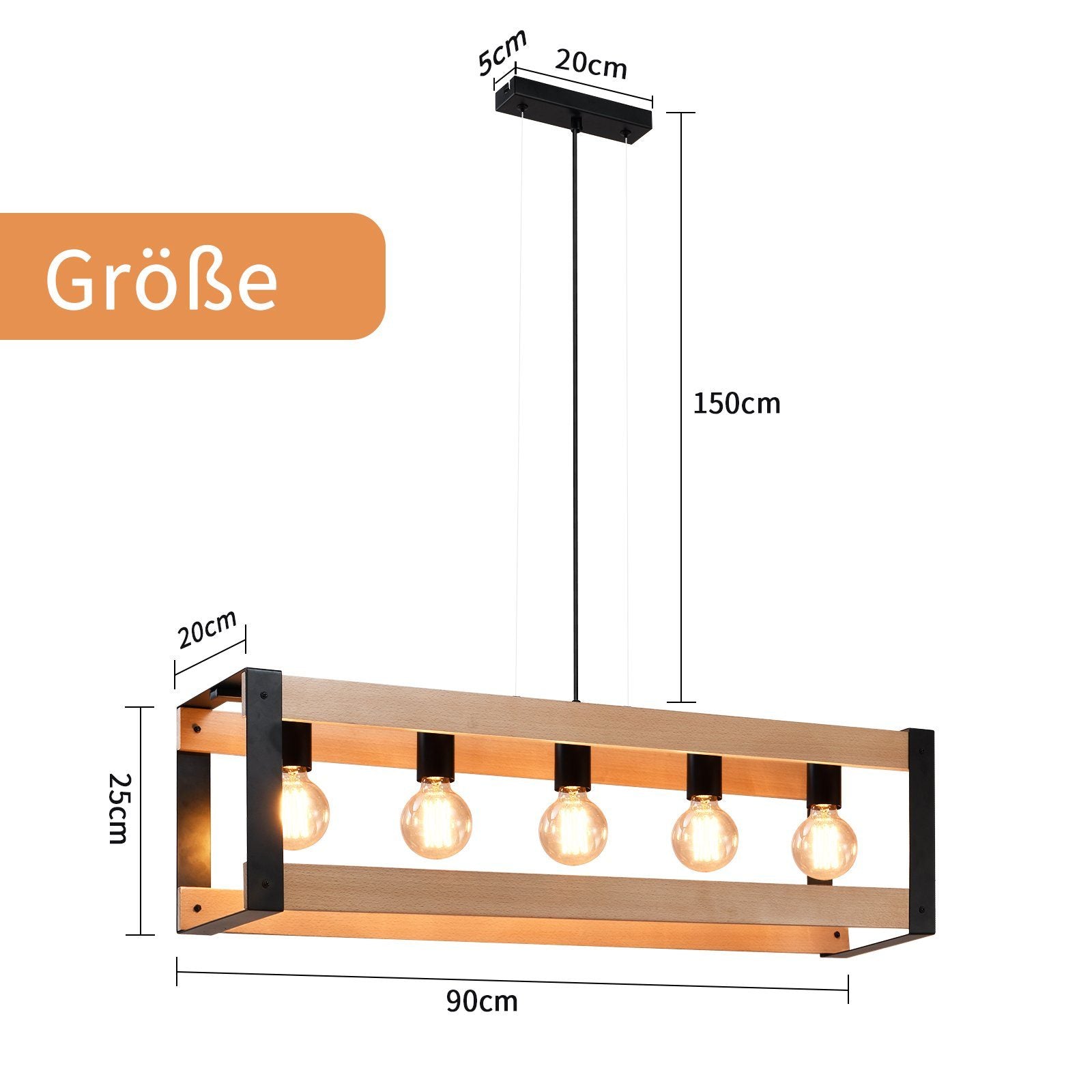 Lampada a sospensione ZMH 5 Luci in Legno ZMH Metallo Vintage Nero E27