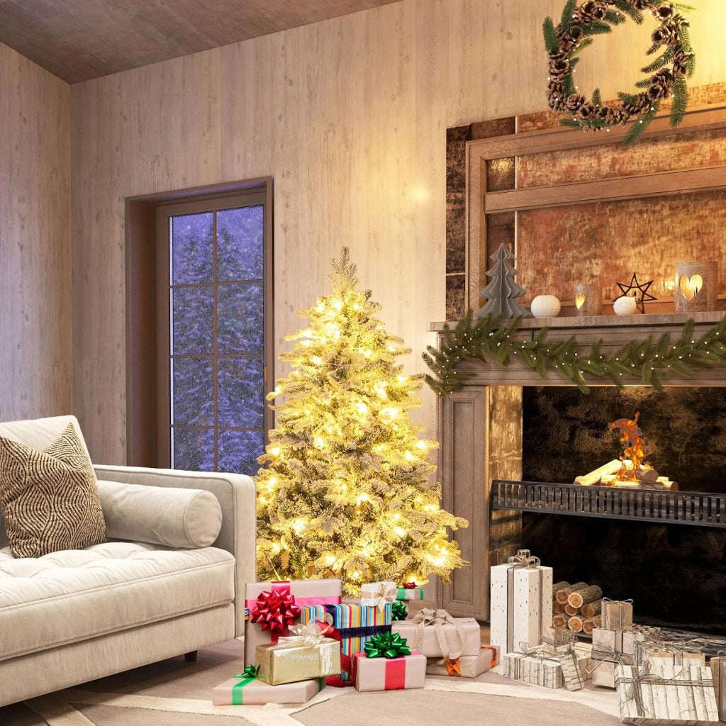 Albero di Natale Innevato 135 CM, Albero di Natale Artificiale Pre-Illuminato con 120 Luci LED, 757 Punte e Giunti a Cerniera (135 cm)