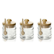 3 BARATTOLI DA CUCINA IN VETRO CON CUCCHIAIO E TAPPO IN LEGNO 8X11CM CAPIENZA 300 ML L'UNO