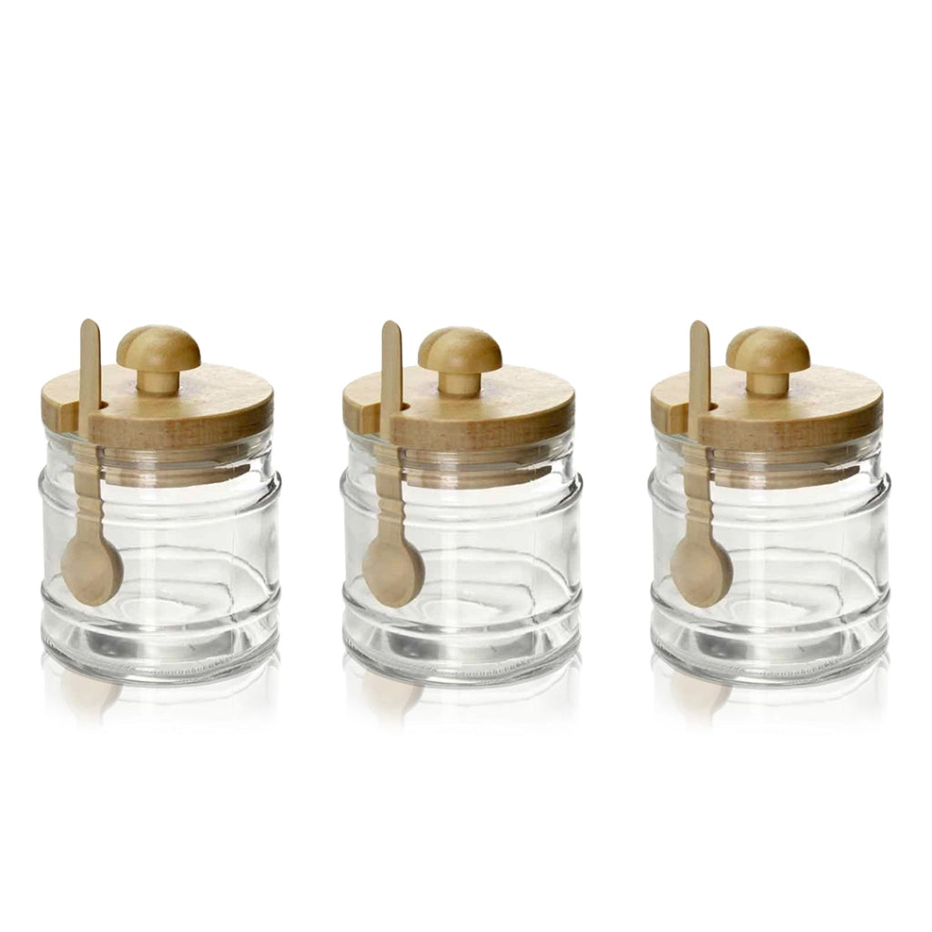 3 BARATTOLI DA CUCINA IN VETRO CON CUCCHIAIO E TAPPO IN LEGNO 8X11CM CAPIENZA 300 ML L'UNO