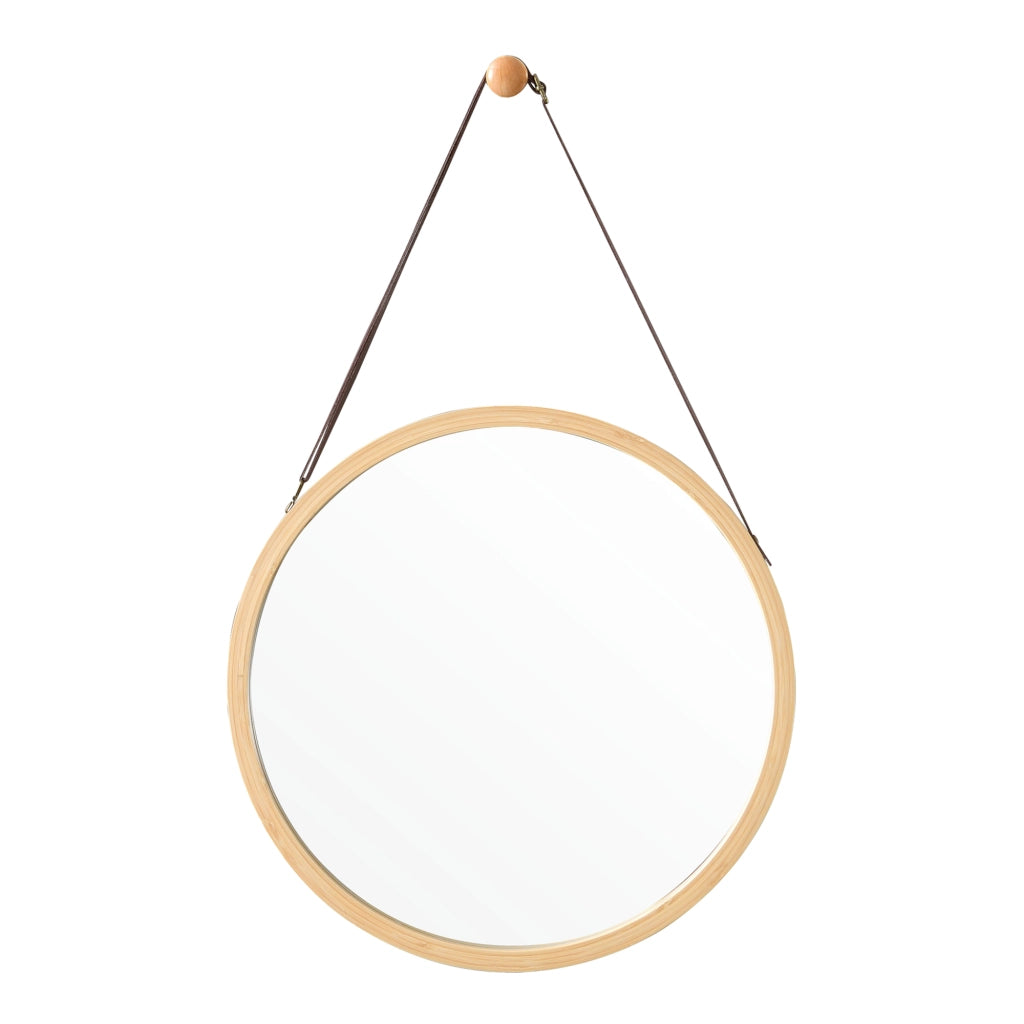 Specchio Sospeso 'Bykle' Rotondo Ø 38 cm Cornice in Bambù e Cintura Regolabile in Lunghezza [en.casa]