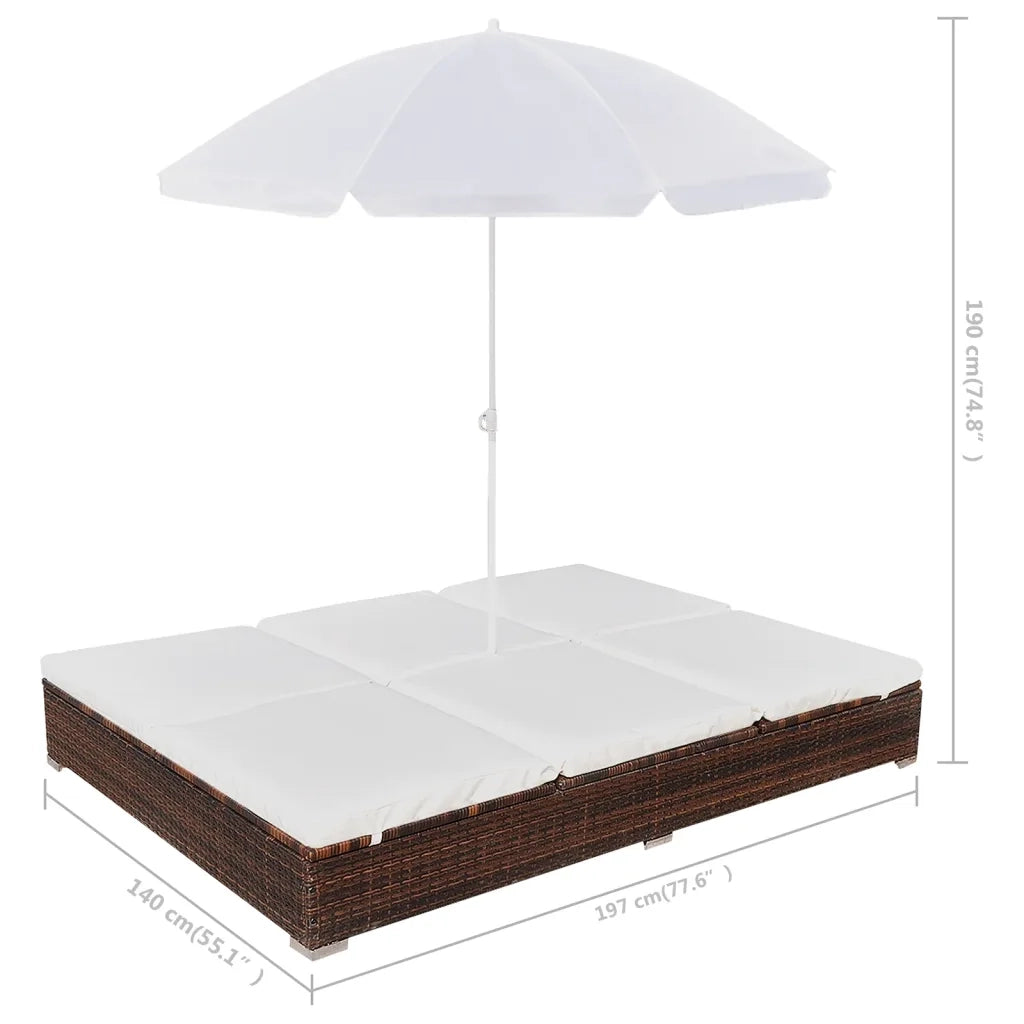 Lettino Prendisole con Ombrellone in Polyrattan Marrone 42949
