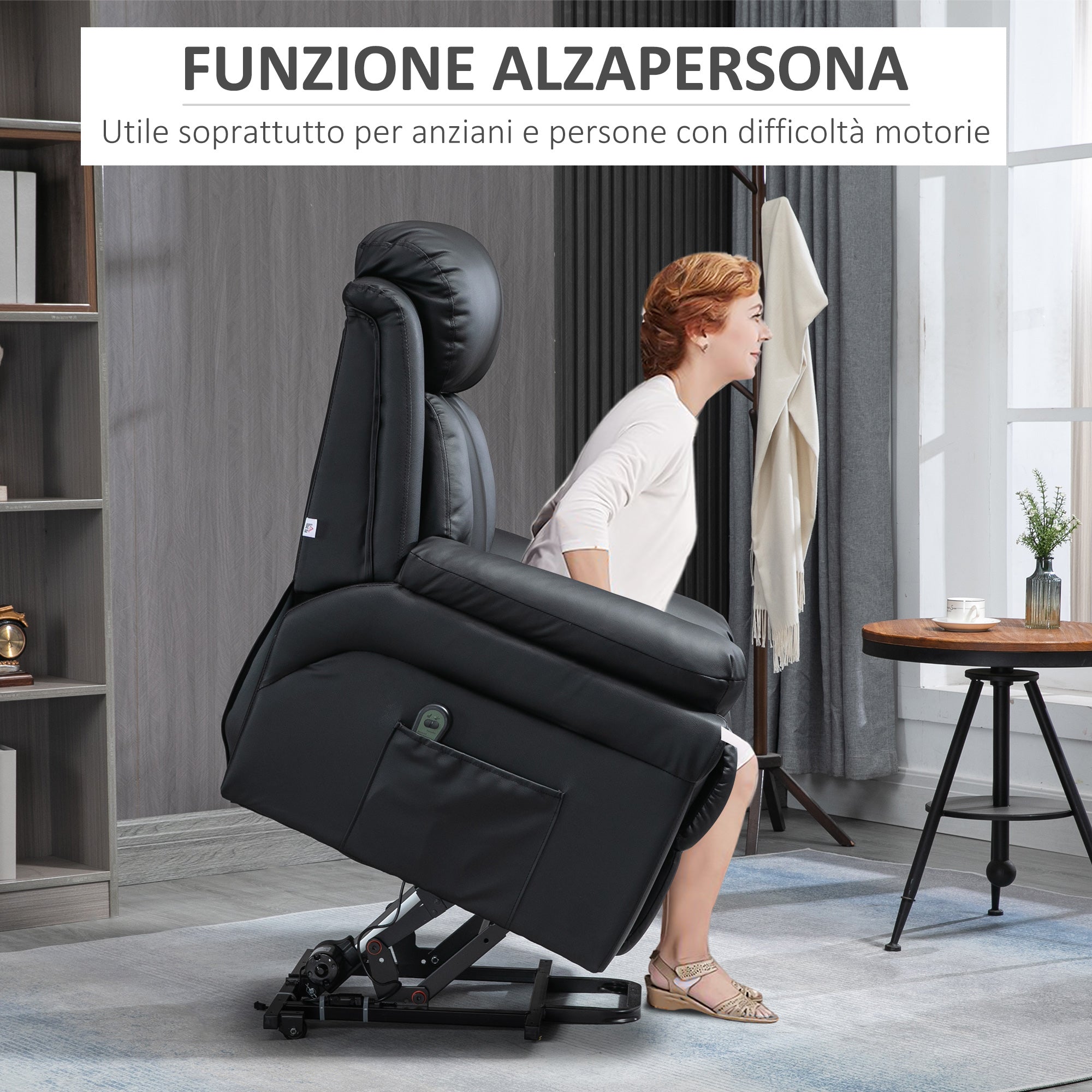 Poltrona Alzapersona Elettrica 96x93x105 cm in Similpelle Nero