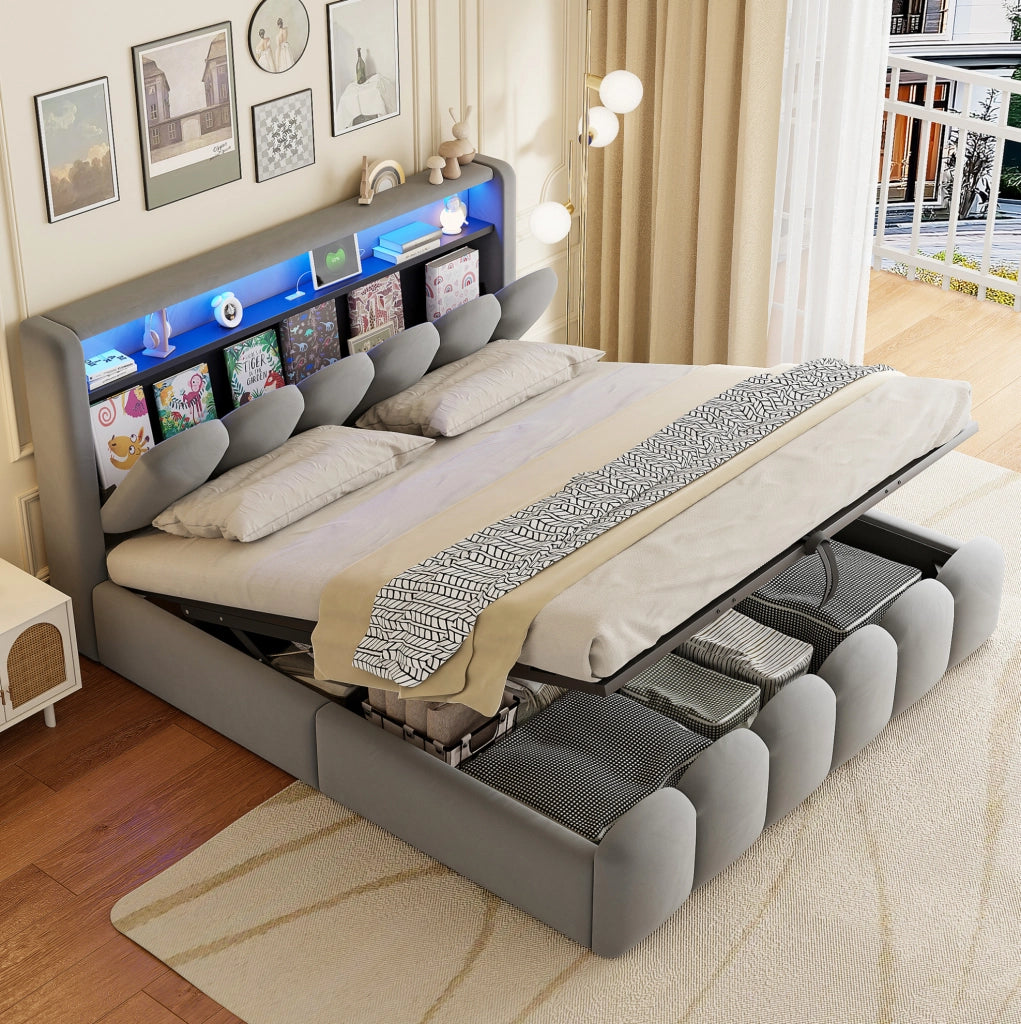 Letto matrimoniale imbottito 180x200 cm con LED e contenitore