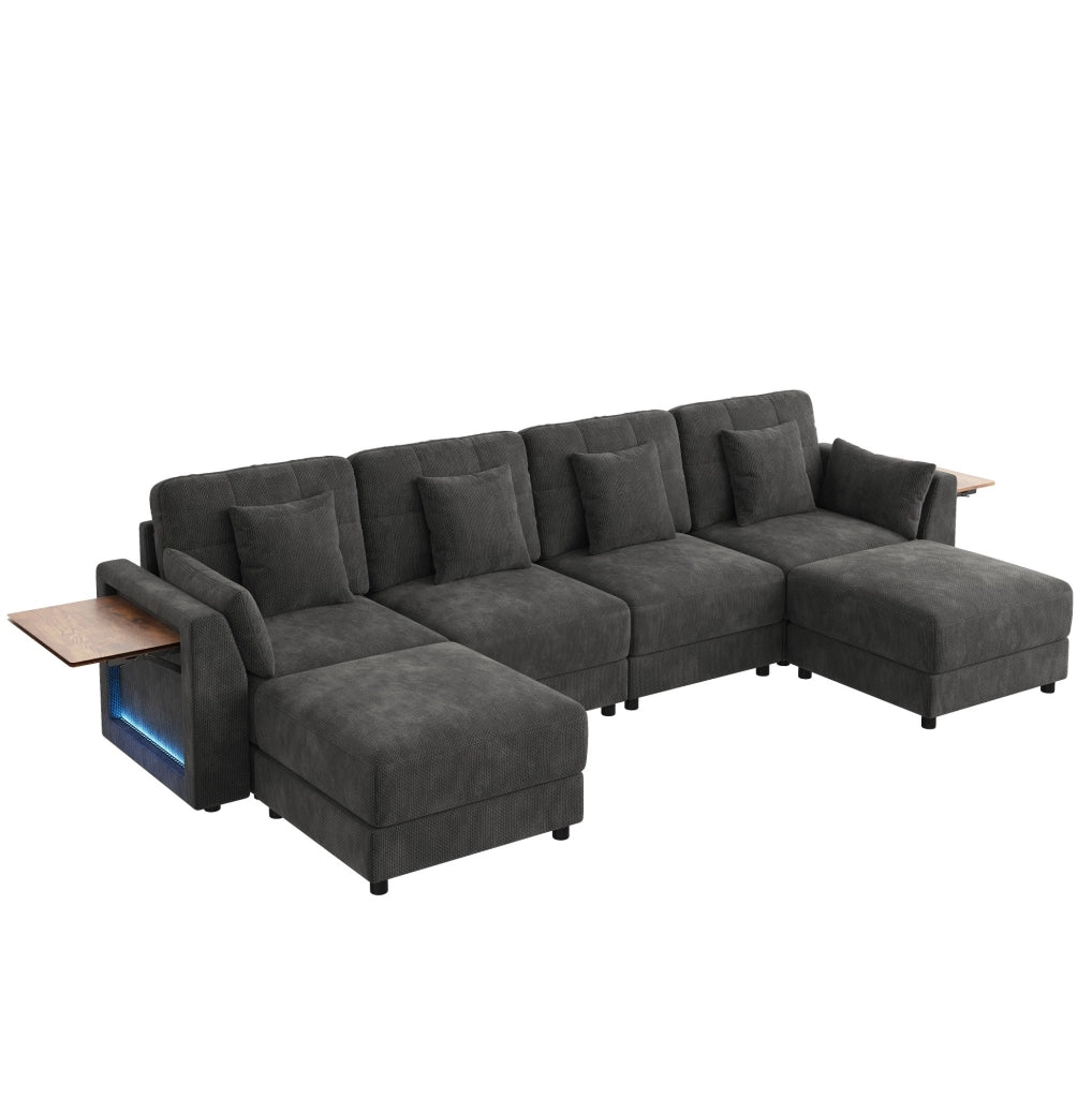Sofa modulare U/L con LED; 2 pouf mobili e 6 cuscini; rivestimento in ciniglia grigio
