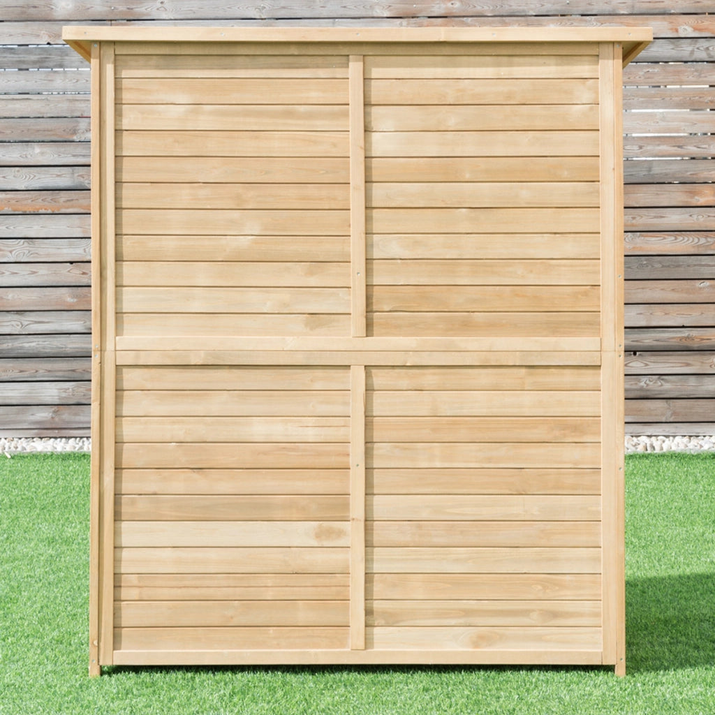 Casetta da giardino con tetto inclinato in asfalto 2 porte e ripiani, Ripostiglio porta attrezzi in legno-Casette da giardino