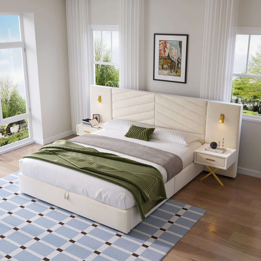 Letto Imbottito Contenitore con LED ¨C MINIMAL ¨C Velluto, 266x205x117 cm