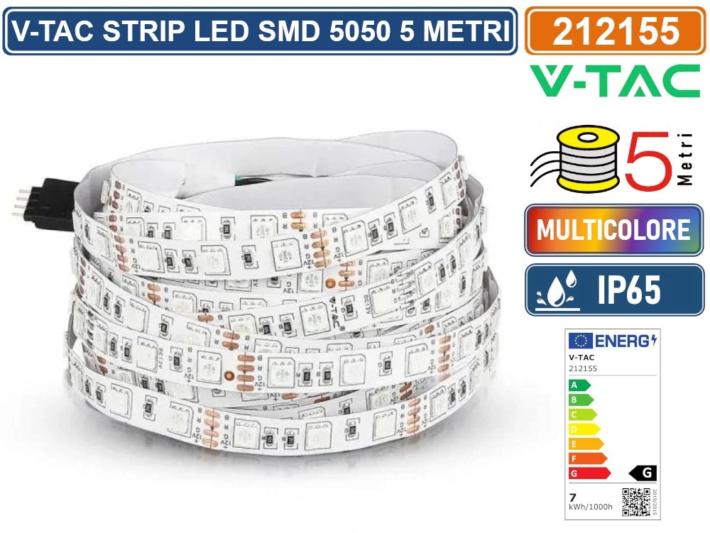 V-TAC VT-5050-60 STRISCIA LED FLESSIBILE 35W SMD RGB 60 LED/METRO 12V IP65 - BOBINA DA 5 METRI - SKU 212155