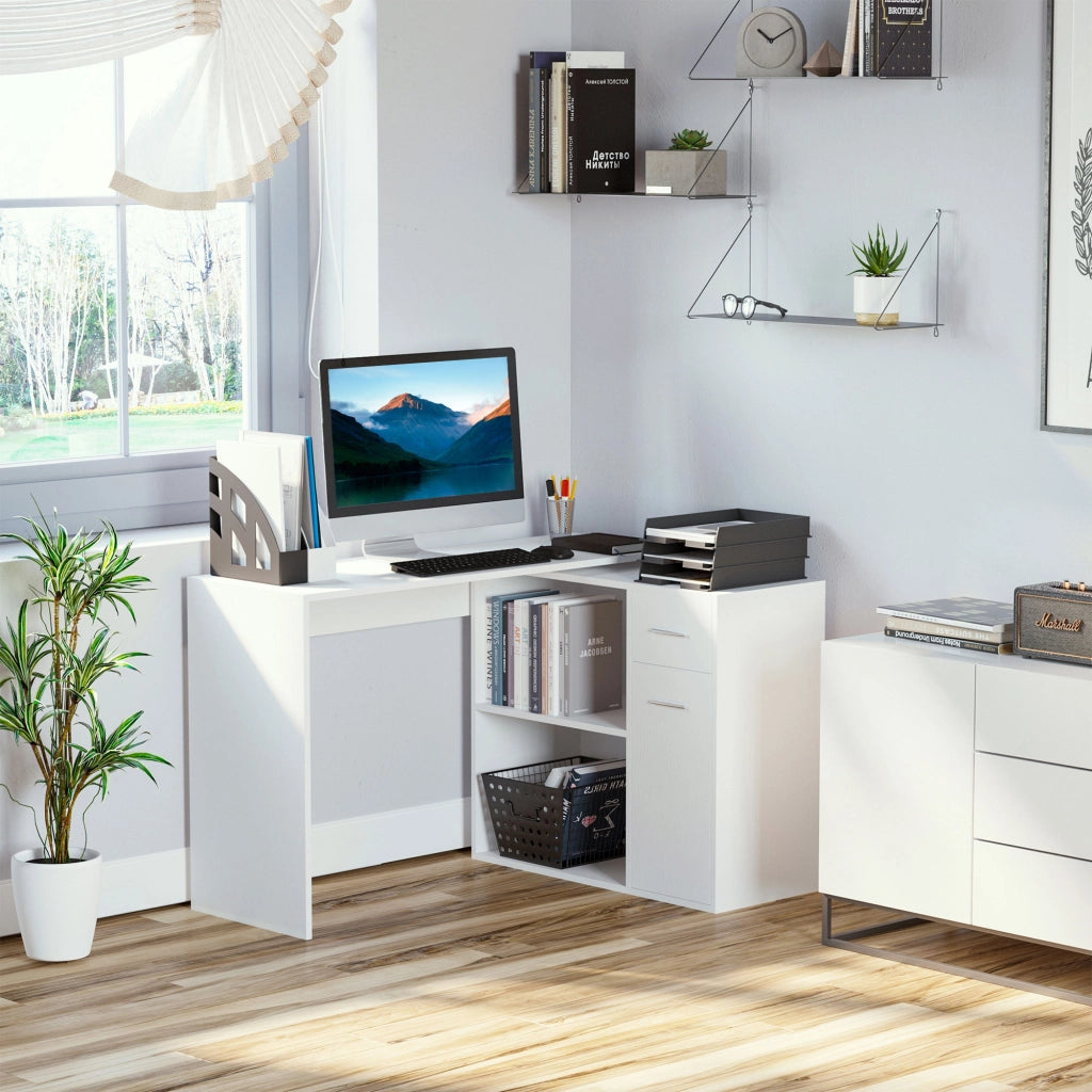 Scrivania Angolare con Libreria Scaffale in Legno Bianco ¨C zephmum ¨C 173x39.8x74 cm