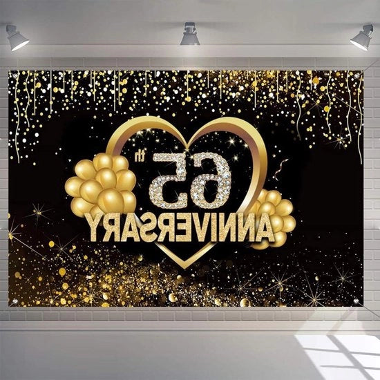 Decorazioni di Fondo per il 65° Anniversario - Bandiera di Buon Compleanno per il 65° Compleanno - Poster di Accessori per il 65° Anniversario - Poster di Tela per il 65° Anniversario - Nera e Oro - Poster di Fondo per le Feste di Compleanno e di Natale
