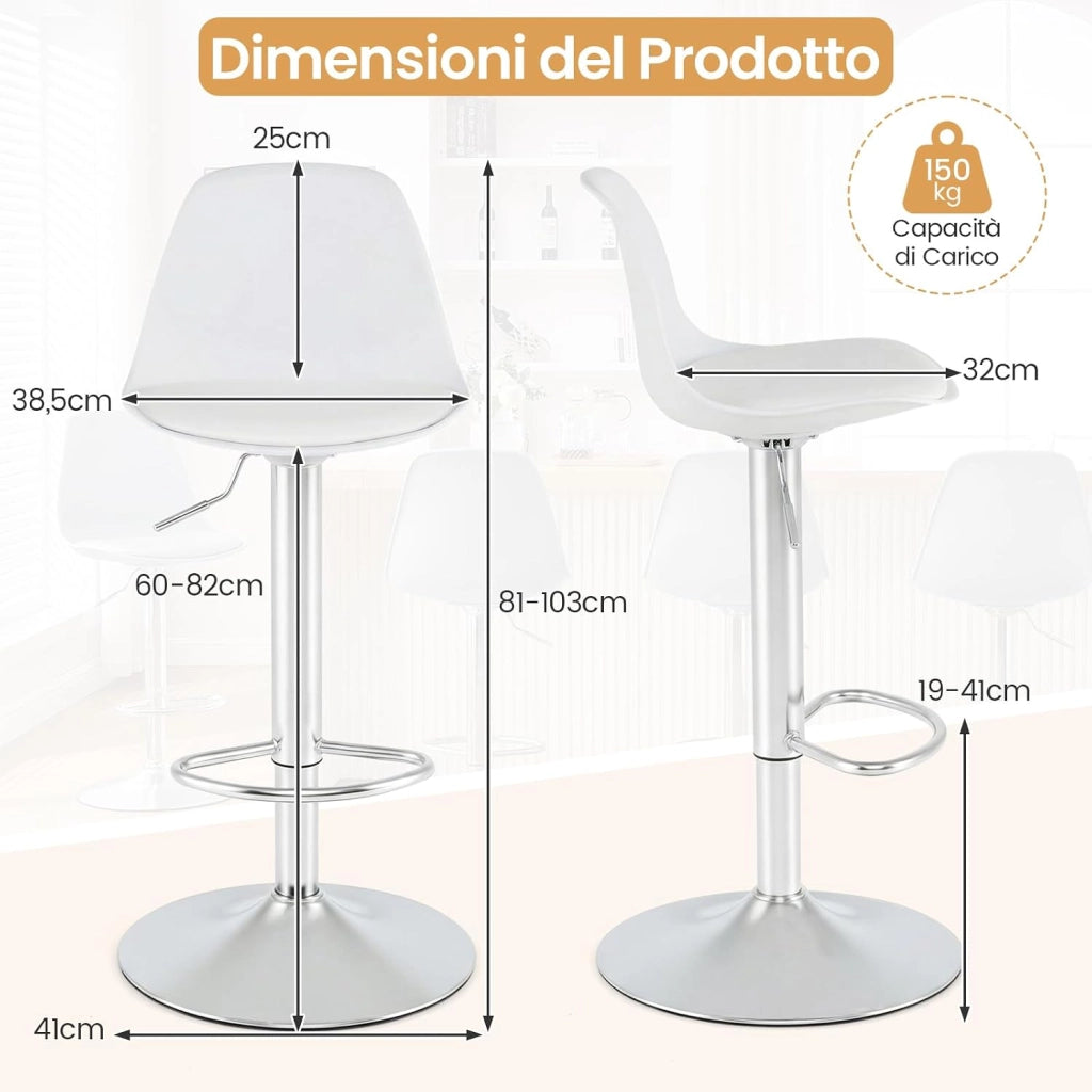 Set da 2 Sgabelli da Bar, Sedie da Banco alte Rivestite in Ecopelle con Schienale, Sedili Imbottiti e Poggiapiedi, Sgabelli Girevoli Regolabili per Bar Domestici e Isole Cucina (Bianco)
